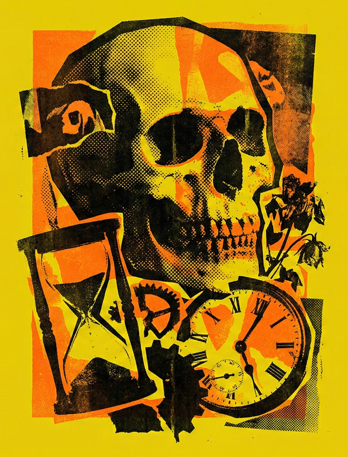 Vanitas — caveira, ampulheta, relógio, flores mortas